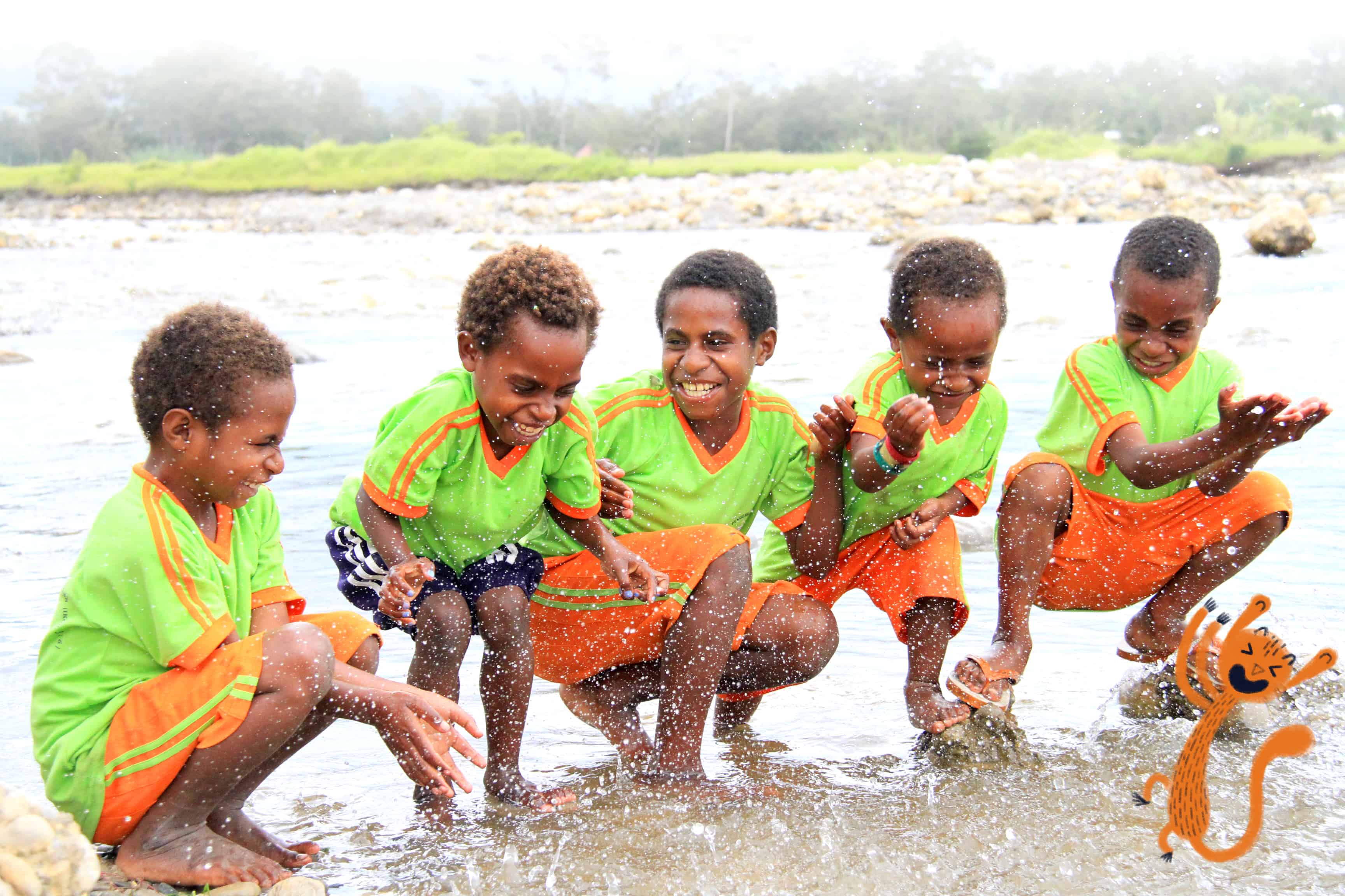 Children, boys and girls, wearing green and orange shirts with orange shorts, barefoot, gather at a river, stream, running water, landscape, to wash, play, splash up the water playfully, clean, bath, cleaning, themselves their hands, in the water.