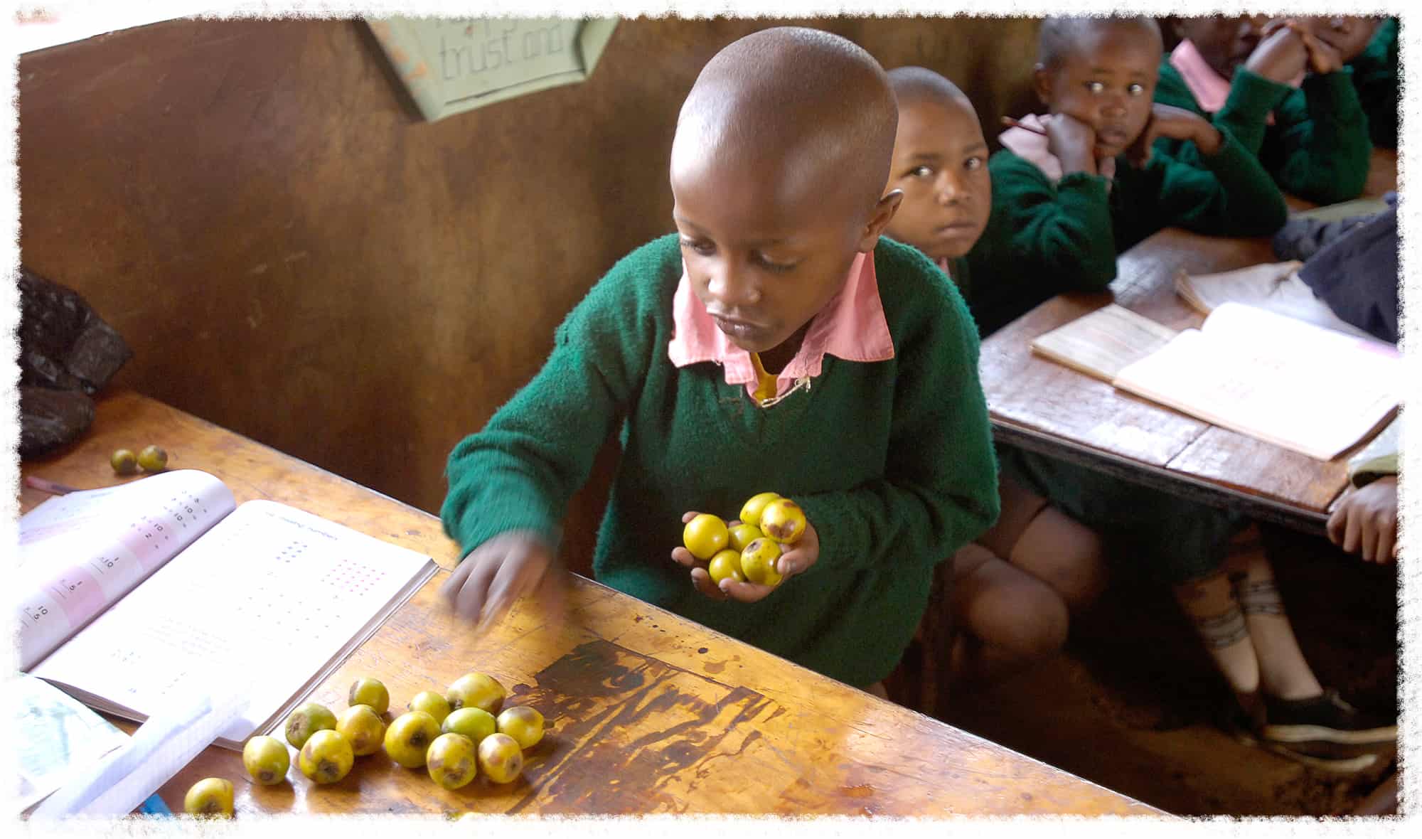 Nine-year-old Alex is learning math by counting fruits that grow on trees in his village in Kenya