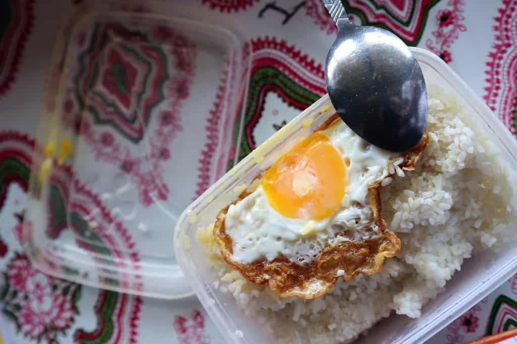 Today for lunch I packed rice with an egg from one of the chickens. 